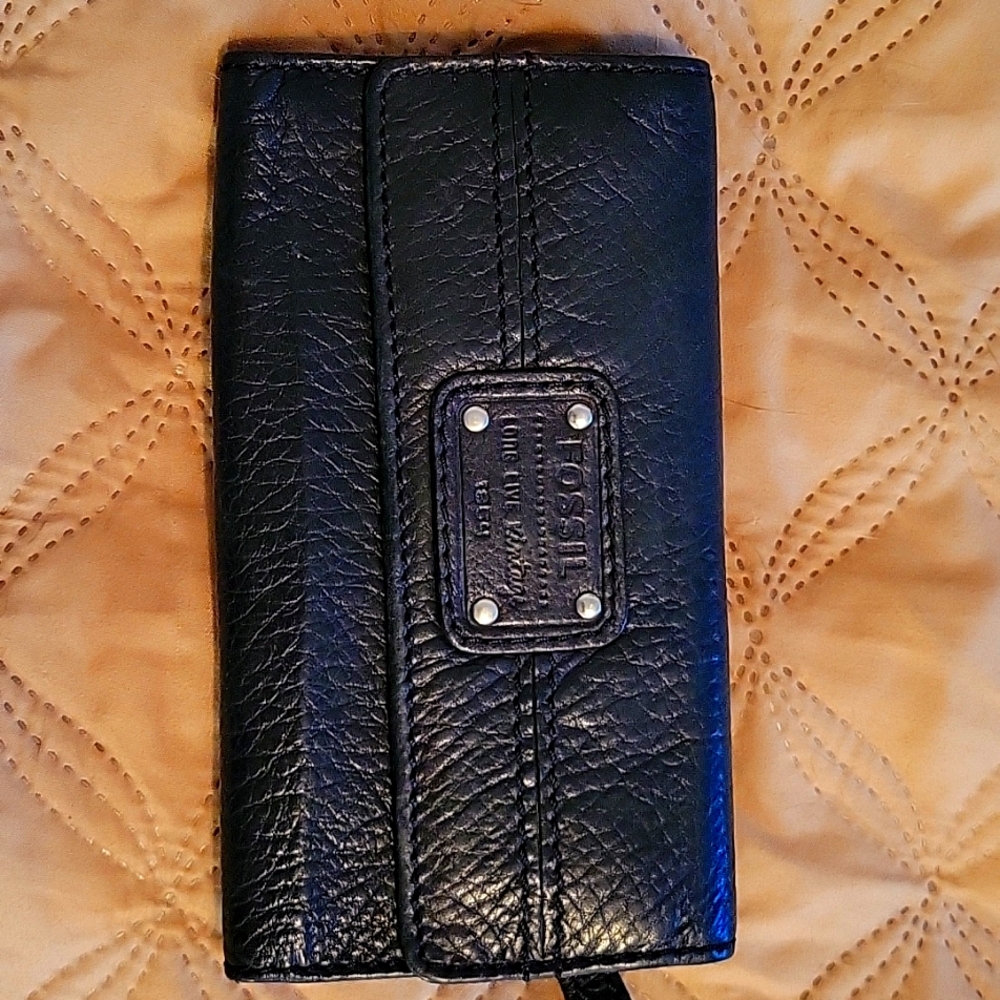 Vintage Fossil Black Leather Checkbook Wallet